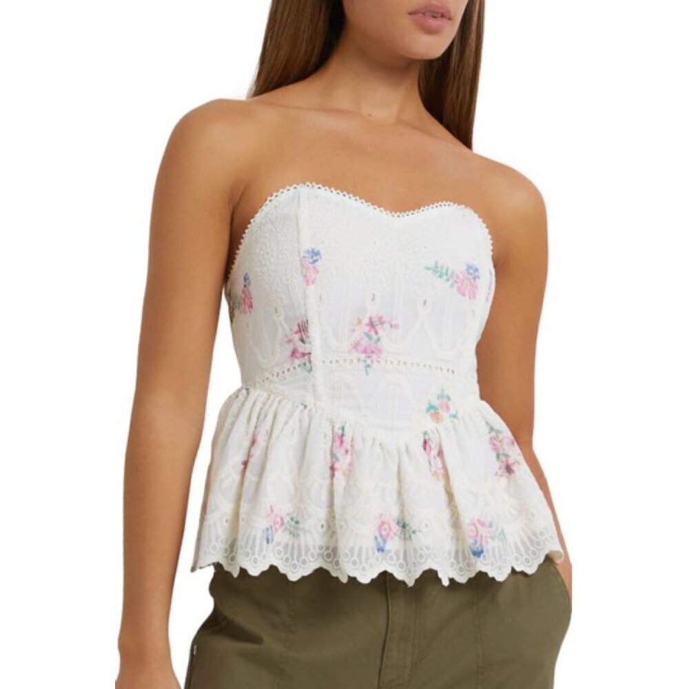 NWT Veveret Ivory Floral Printed Broderie Strapless Peplum Top